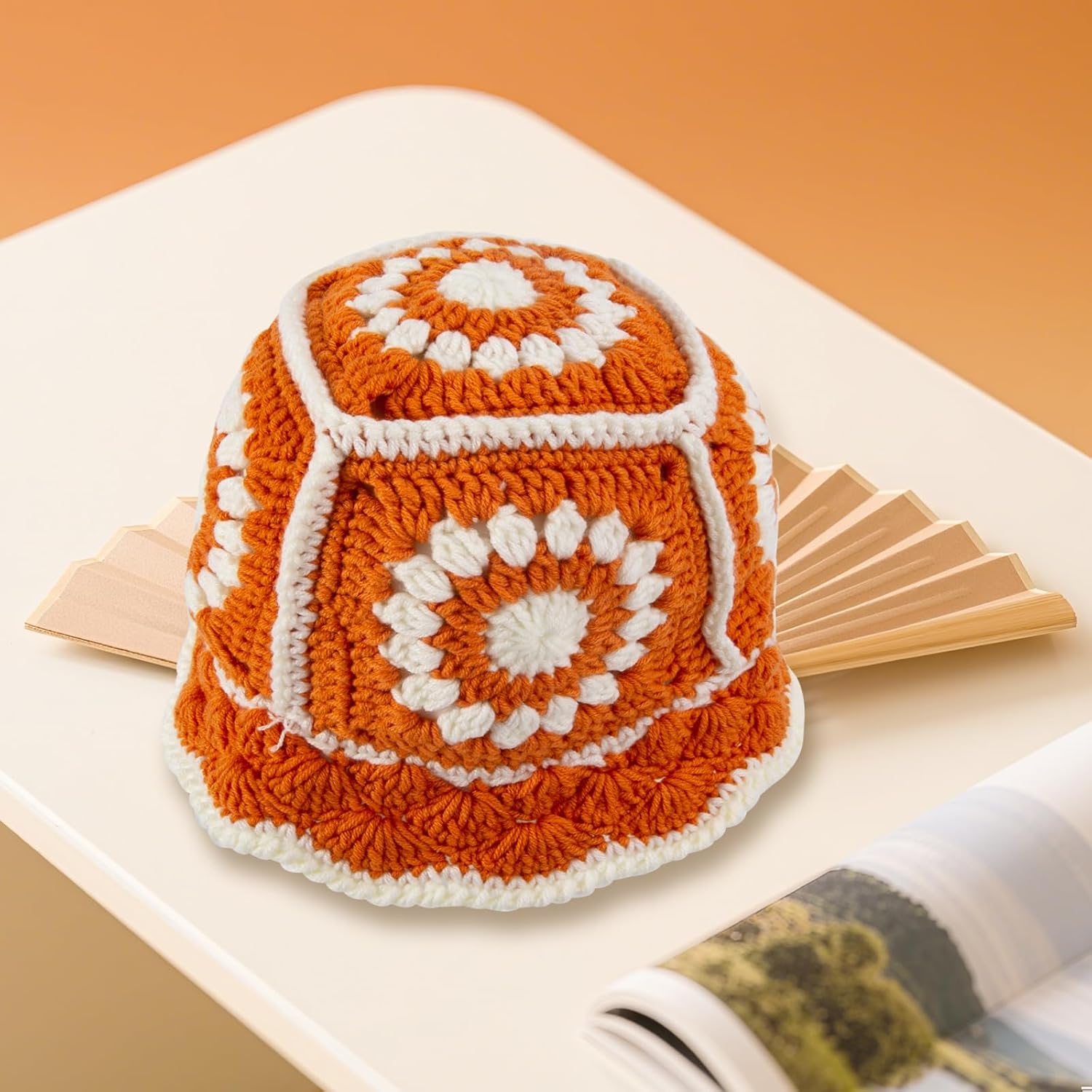 Crochet Bucket Hat for Women, Handmade Knitted Crochet Hats Breathable Foldable, Bucket Hat with Floral Knitted