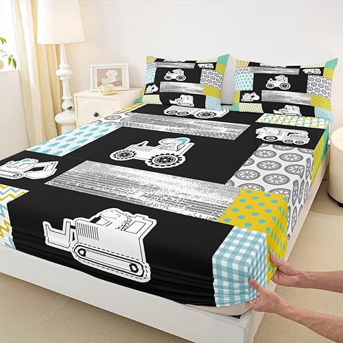 Miniatura 4 de Juego de ropa de cama para niños, diseño de caricaturas, excavadora, tractor, juego de ropa de cama para niños, camiones, cuadrícula, juego de