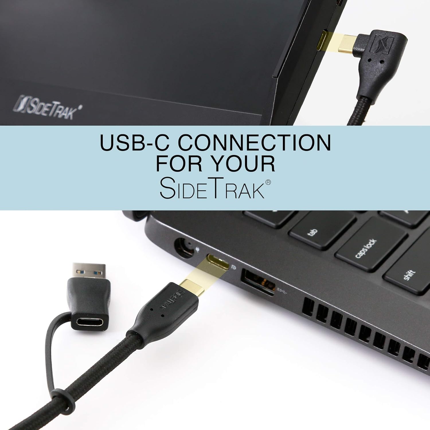 SideTrak USB-C® to USB-C® Cable & USB-A Adapter | Durable, Flexible, Tangle-Free Braided Nylon Cord | 1.5ft | Black