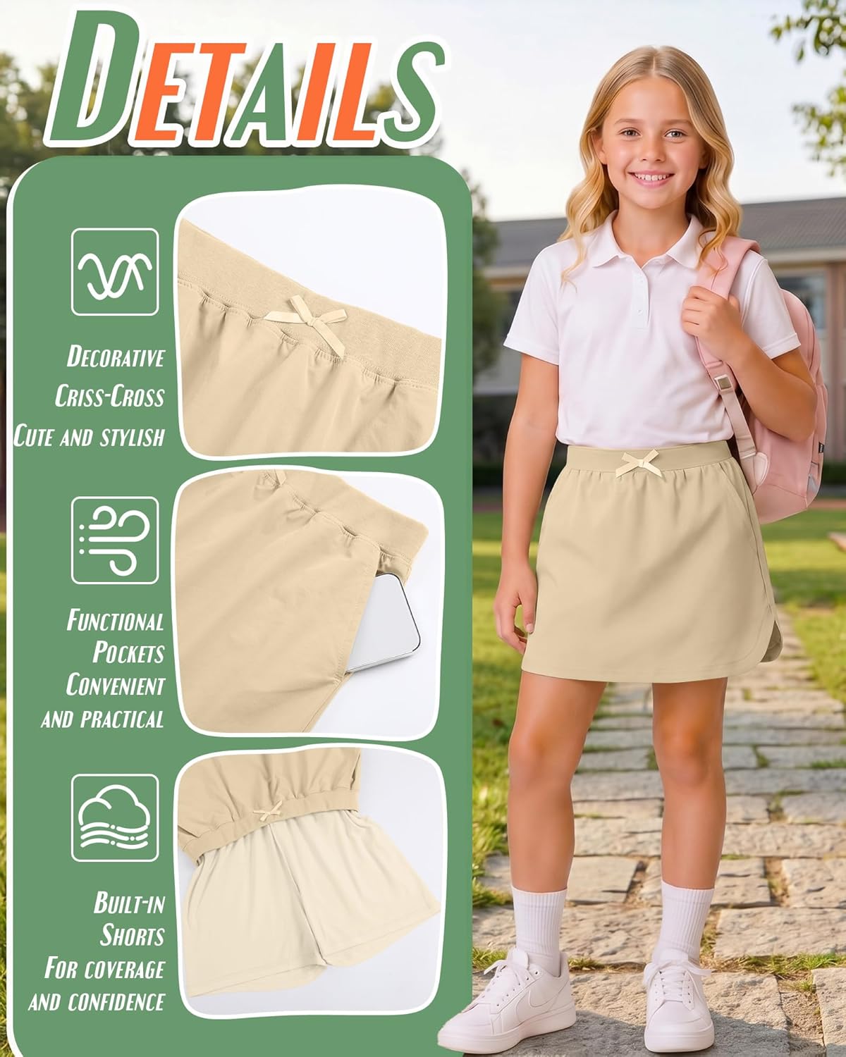 3 Pack Girls Uniform Skorts School Pull-on Scooter Skirt with Undershorts for Teens Back to School