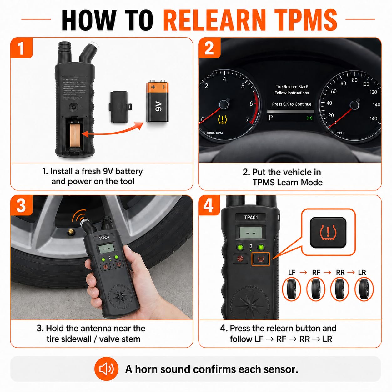 TPA01 TPMS Relearn Tool for GM Vehicles, 2-in-1 Sensor Activation Tool with 150 PSI Digital Tire Pressure Gauge, Quick & Easy Reset in Minutes