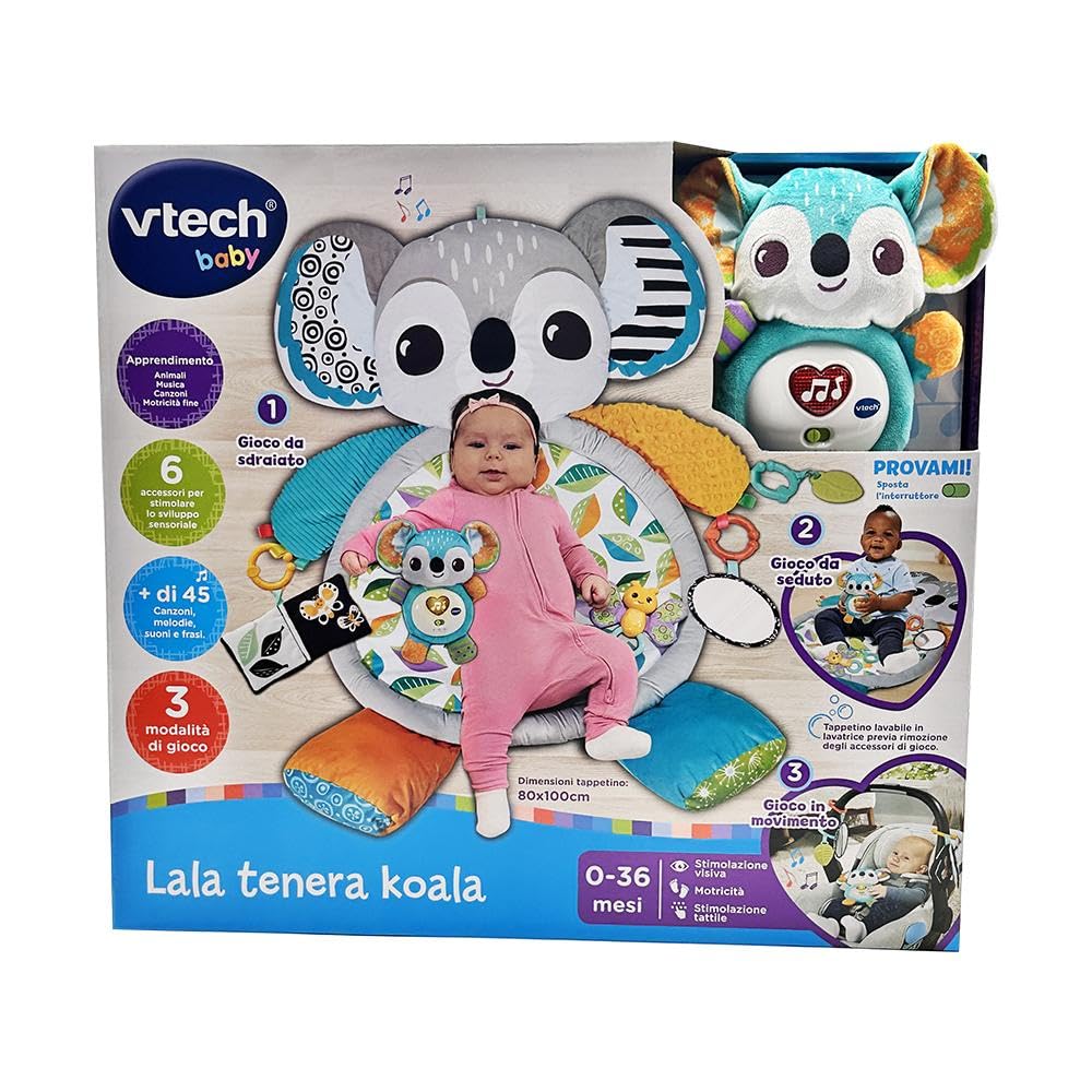 VTech Lala Tenera Koala, Tappeto Neonato per Stimolare i Sensi, Diversi Materiali e Texture, Pulsante Luminoso Cuore, 3 Accessori, 4 Canzoni e 15 Melodie, Lingua Italiana, Batterie Incluse, 0-36 Mesi