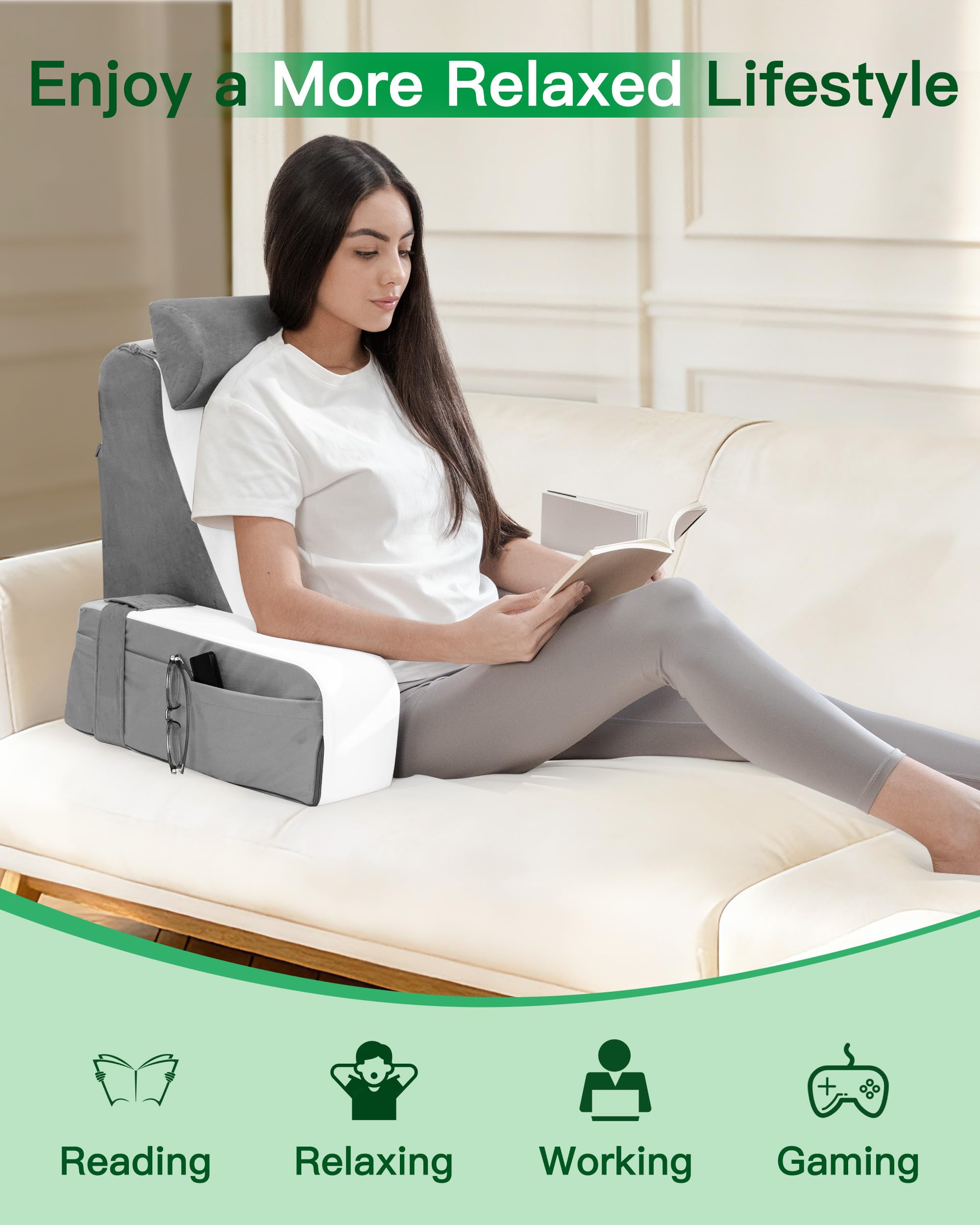 Lesekissen für Bett und Sofa, Bücherkissen mit Abnehmbarer Nackenrolle & Armlehne, Rückenkissen Bett, Wandkissen Multifunktions-Keilkissen zum Lesen, Arbeiten, Fernsehen