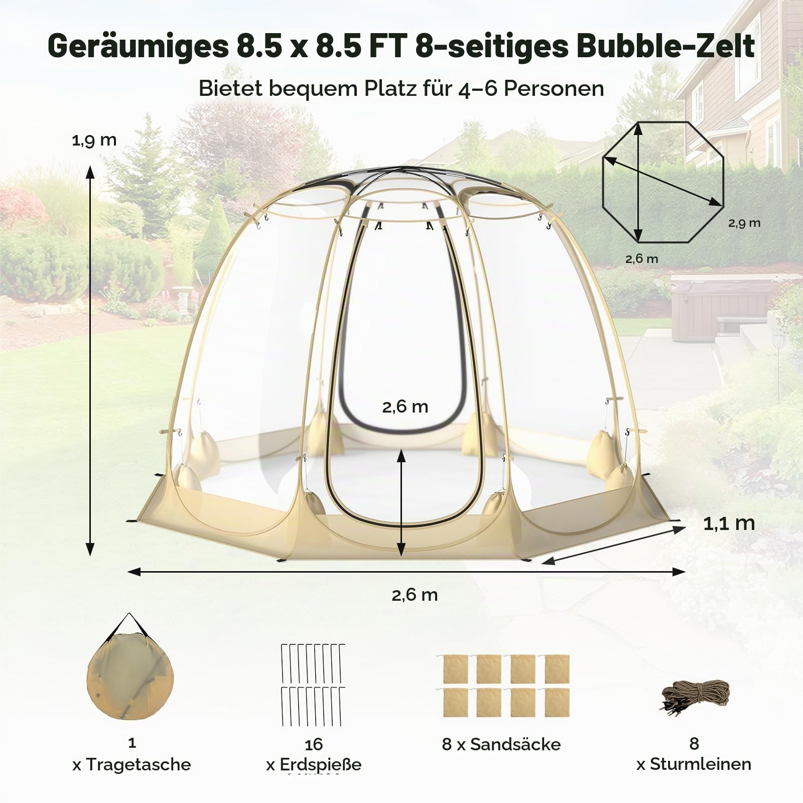 FANTASK Transparentes Pop up Zelt, tragbares PVC Kuppelzelt für 5-6 Personen, Blasenzelt wetterfest mit Tragetasche & Bodenmatte, Campingzelt Outdoor für Garten, Terrasse, Hinterhof