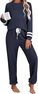 Lounge Sets for Women Ribbed Knit Outfits Pajamas Sets 2 Piece Long Slee...