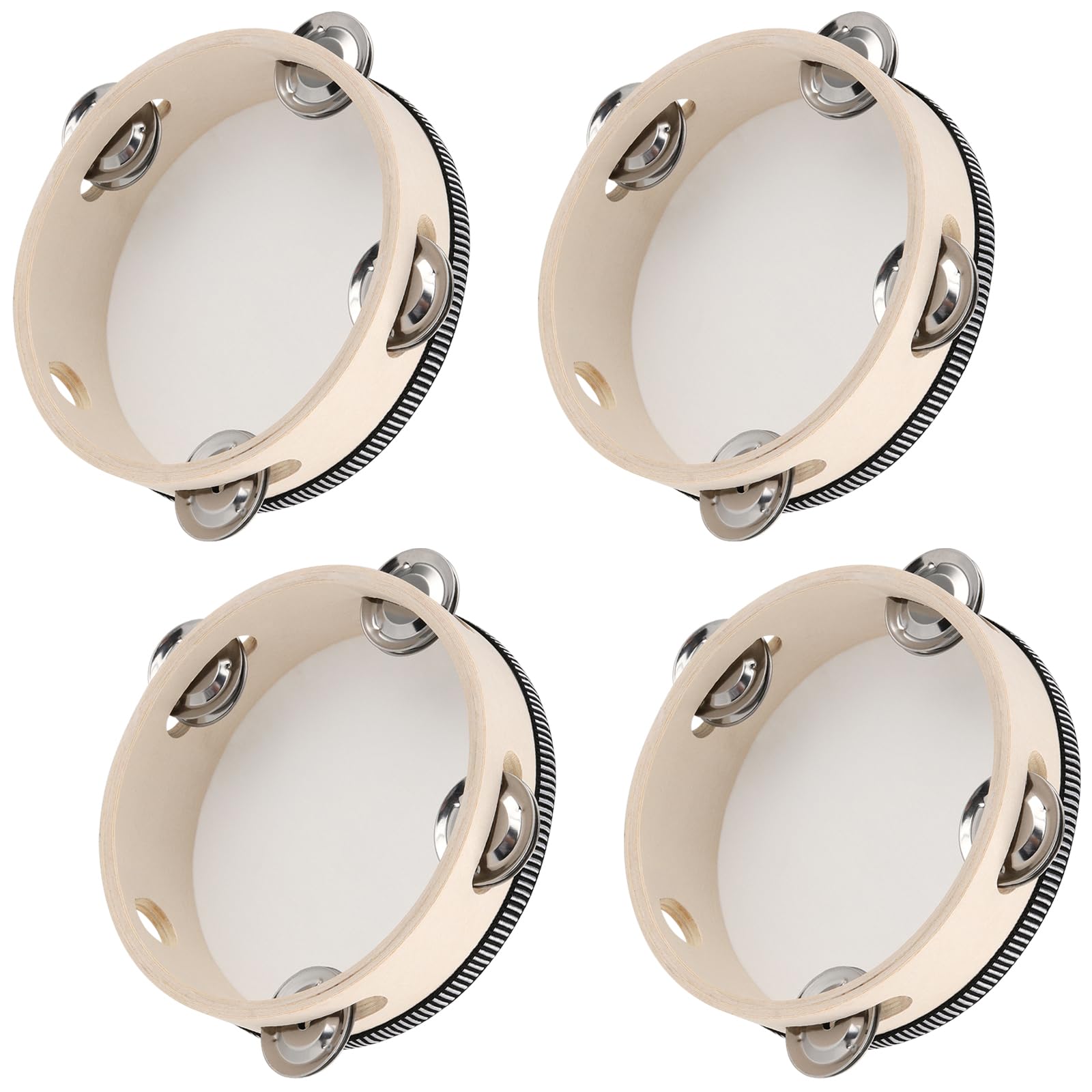 YUENPUN 4 PCS Wooden Tambourines, 6 Inch Hand Held Drum with Jingle Bells