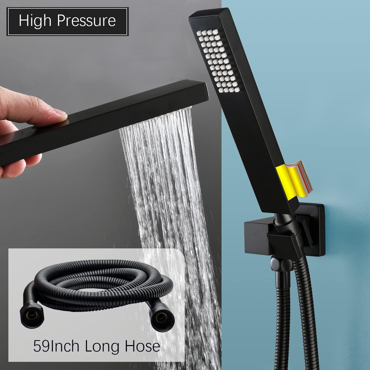 HOMEDEC Ceiling LED Shower System with on/off Full Body Spray(Volume Adjustable), Matte Black 16inch Rain Shower Faucet Set with Thermostatic Valve