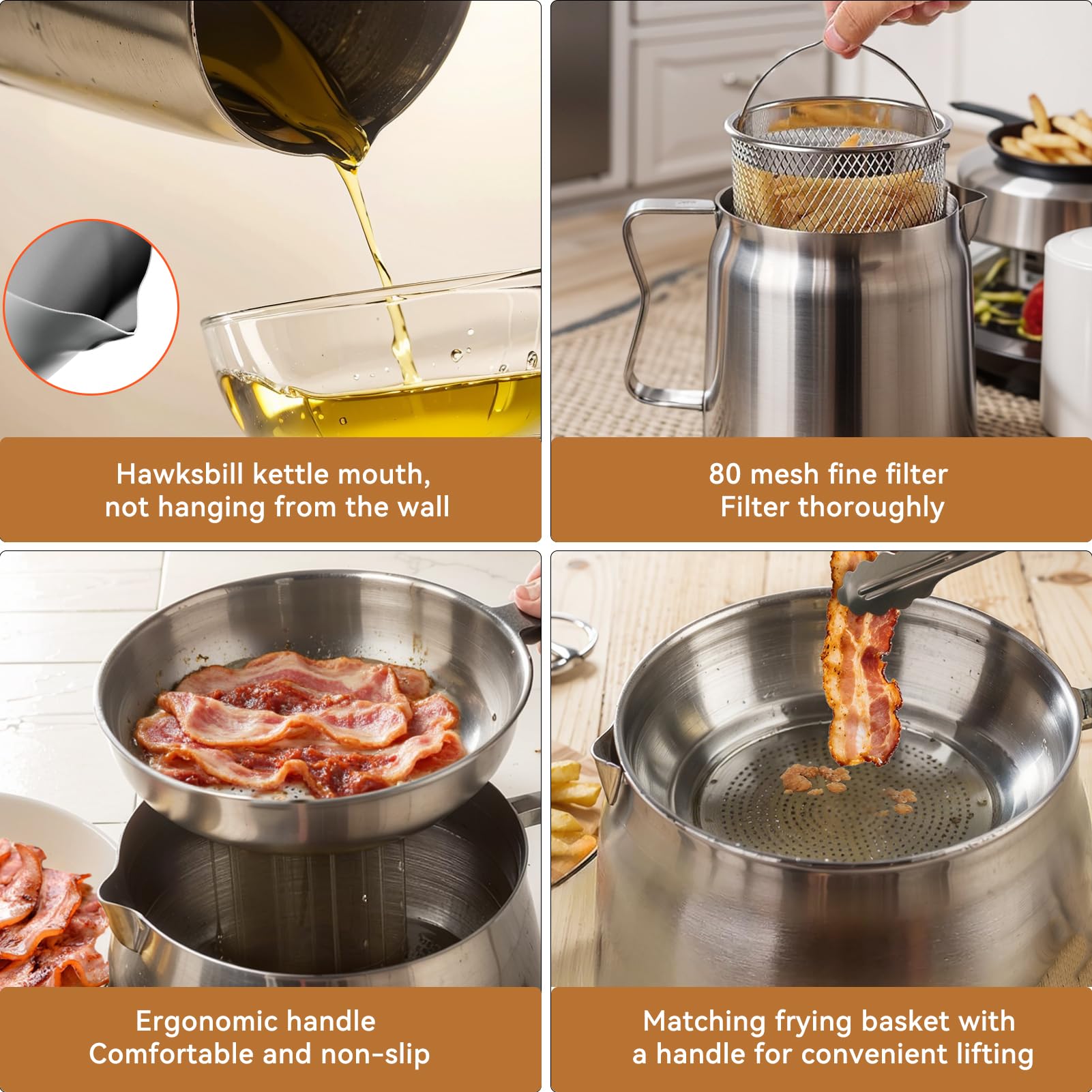 Filtro de aceite de acero inoxidable de 2 L, protector de grasa de tocino con colador, 50 hojas de papel delicatessen, termómetro de carne, filtro de aceite de cocina extraíble, freír multifunción