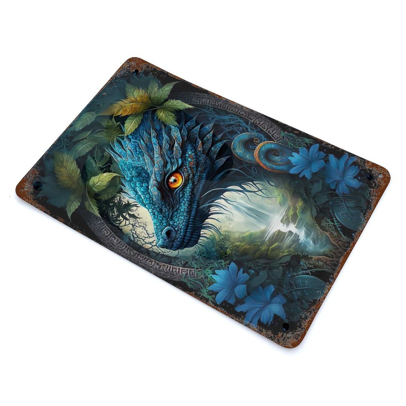 Garage Style Dragon in Mandala Jungle Vintage Rust Metal Sign 11.8"x7.9", Industrial Home Decor for Bar And Workshop