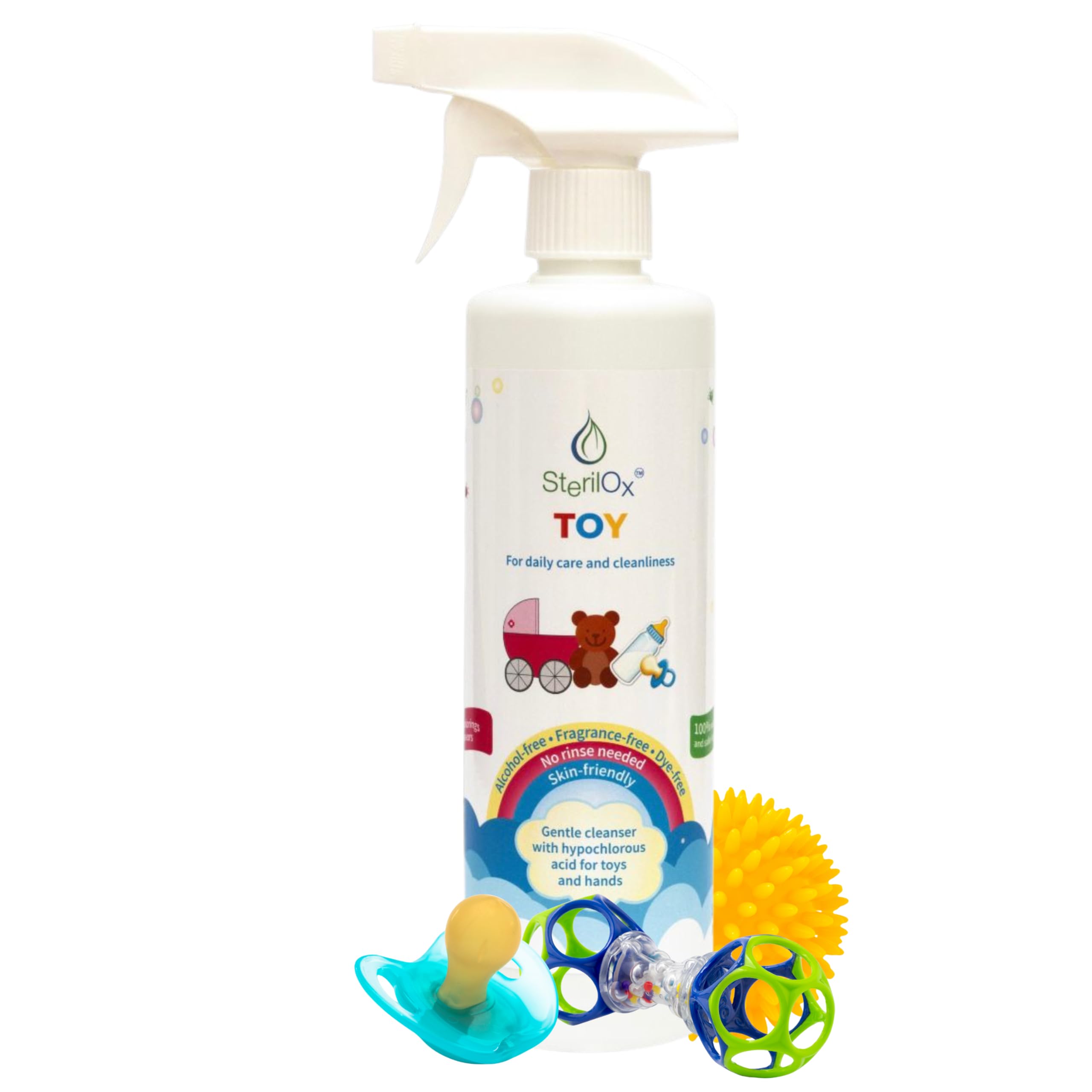 Toy 500 ml — spray detergente naturale con acido ipocloroso (HOCl) per giocattoli, accessori e pelle dei bambini. Senza alcol né profumo, per uso quotidiano, senza risciacquo.