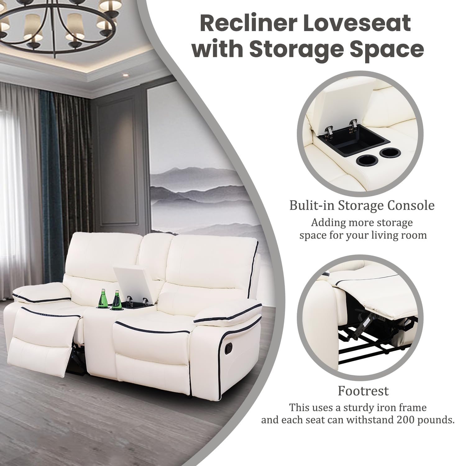 3 Piece Bonded Leather Recliner Sofa Set, Manual Reclining Sofa Set with Cup Holder&Storage, 3 Seat Sofa Recliner Couch and Chair for Living Room Furniture (Cream White)