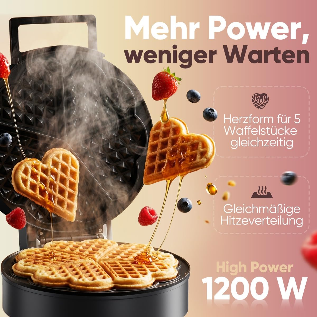Clatronic WA 3832 gofrownica w kształcie serca | z powłoką zapobiegającą przywieraniu | bezstopniowy regulator do przyrumieniania według życzenia | waffle Maker | gofrownica w kształcie serca 1200 W |