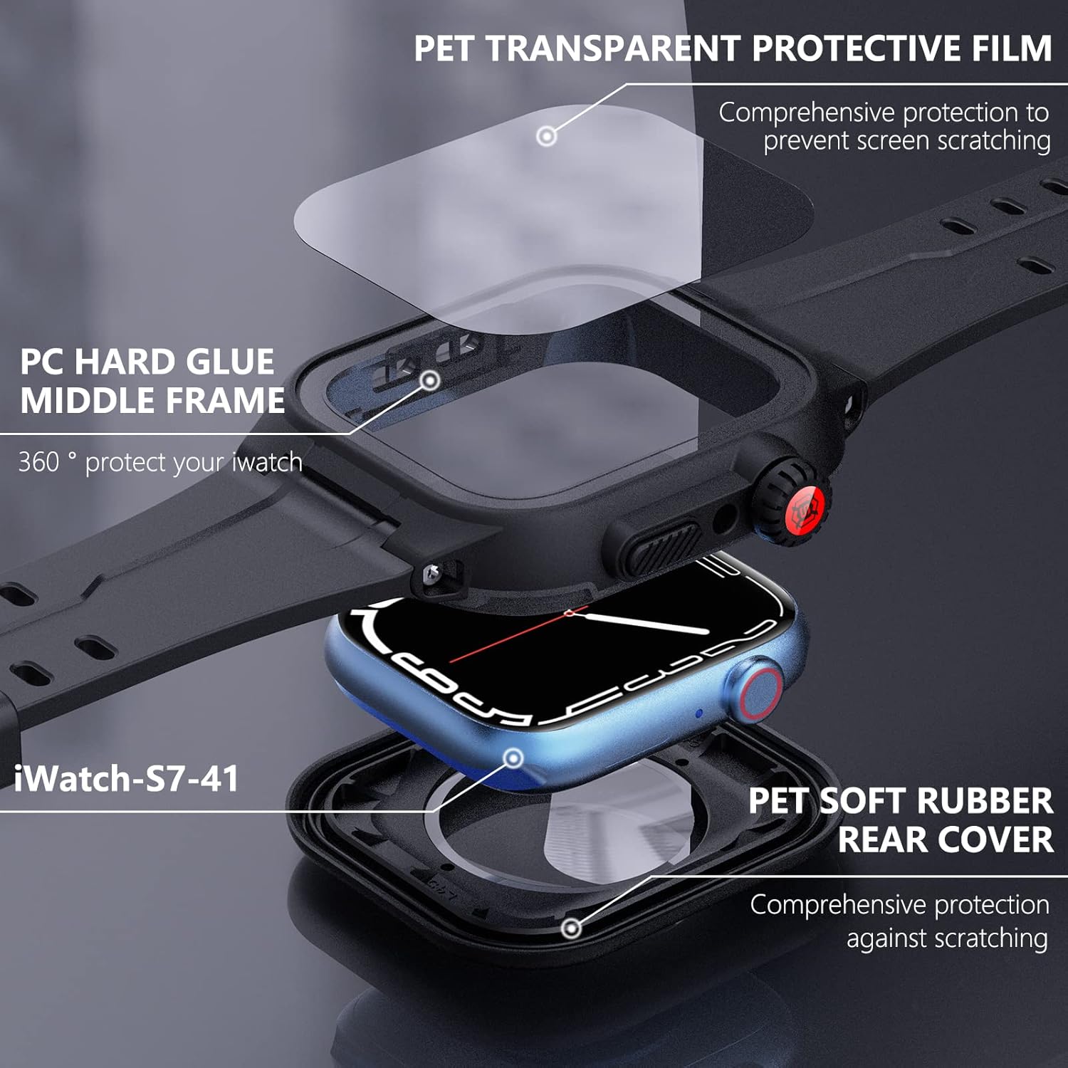 for Apple-Watch-Series-7 Waterproof Case with Band & Screen Protector, Rugged Full-Body Impact Resistant Shockproof Dustproof Snowproof Cover with Soft Watch Strap for iWatch 7