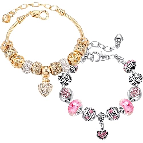 2 Pack Charm Bracelets Pink and Gold Heart Silver Plated Charm Bracelet, DIY Jewelry for Women Gifts, with Beads, Crystal, Charms, Love and Adjustable Snake Chain, Fits 7.5"+1.5"