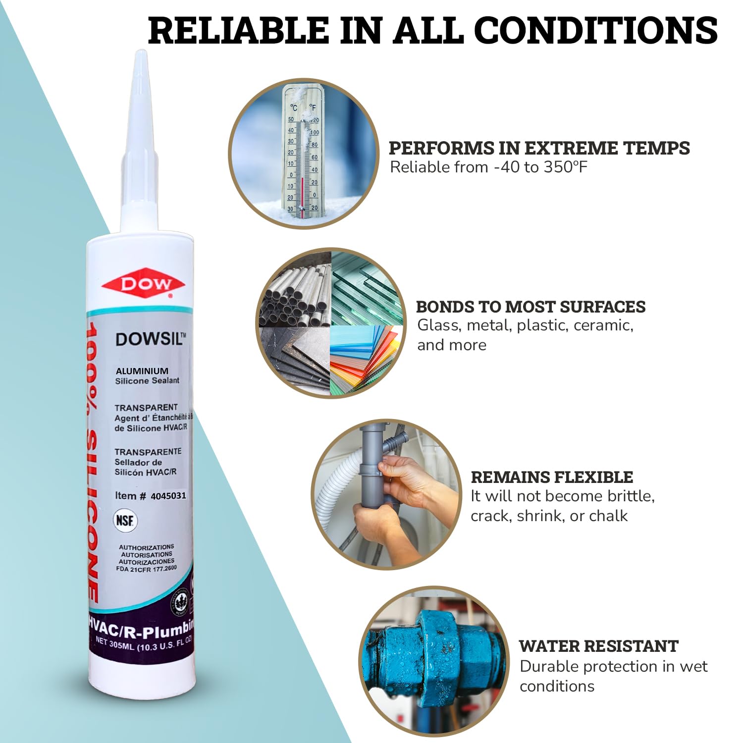 DOWSIL™ HVAC/R Silicone Sealant, Flexible Multi-Surface Sealant for Refrigerators, Air Conditioners & HVAC Systems, Aluminum, 305 mL