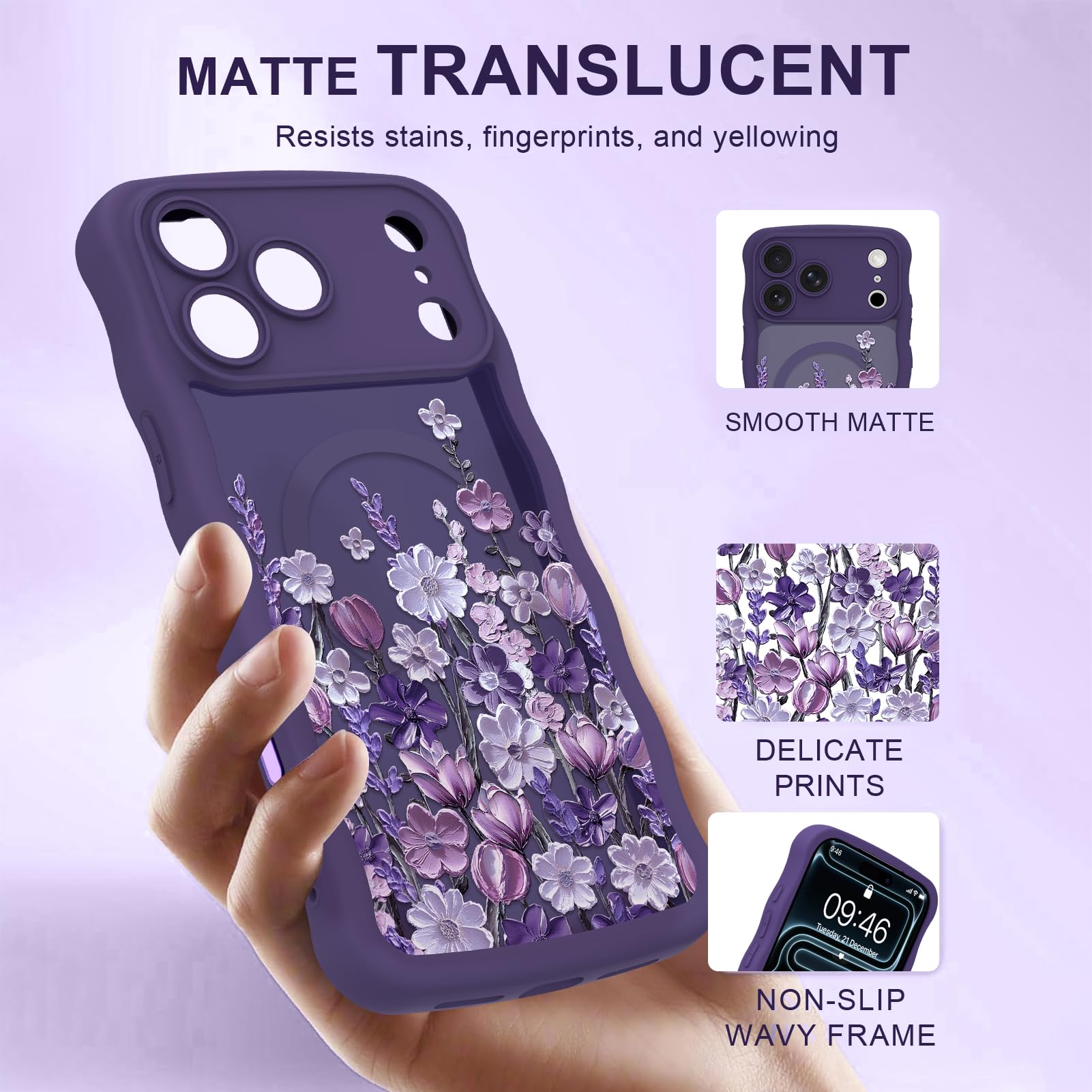 Custodia magnetica per iPhone 17 Pro ondulata da donna, viola scuro | [Compatibile con MagSafe] pittura a olio fiore con bordo ondulato, protezione completa della fotocamera, antiscivolo