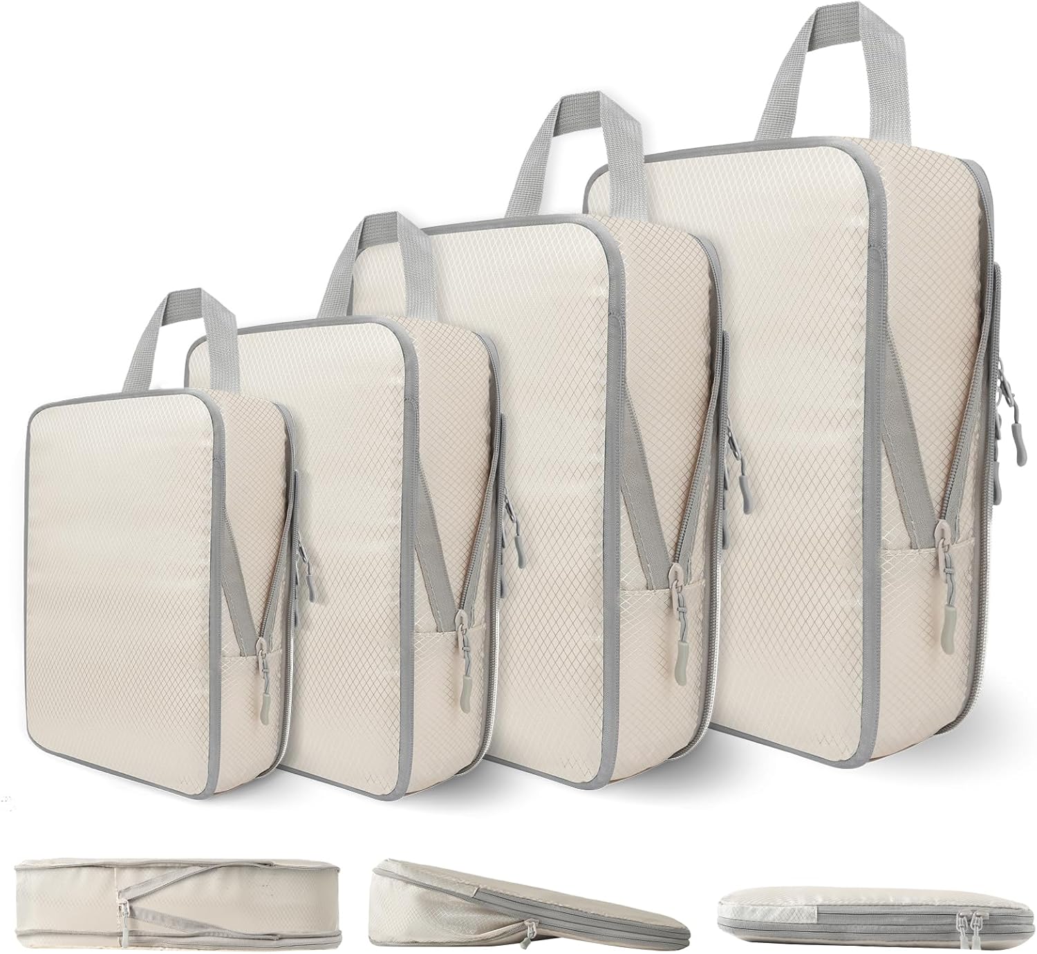Compression Packing Cubes for Travel, 4 Set Expandable Packing Organizers, Lightweight Luggage Organizer Bags, Travel Essentials for Carry on, Handy Helper for Organizing Clothes, Off-White