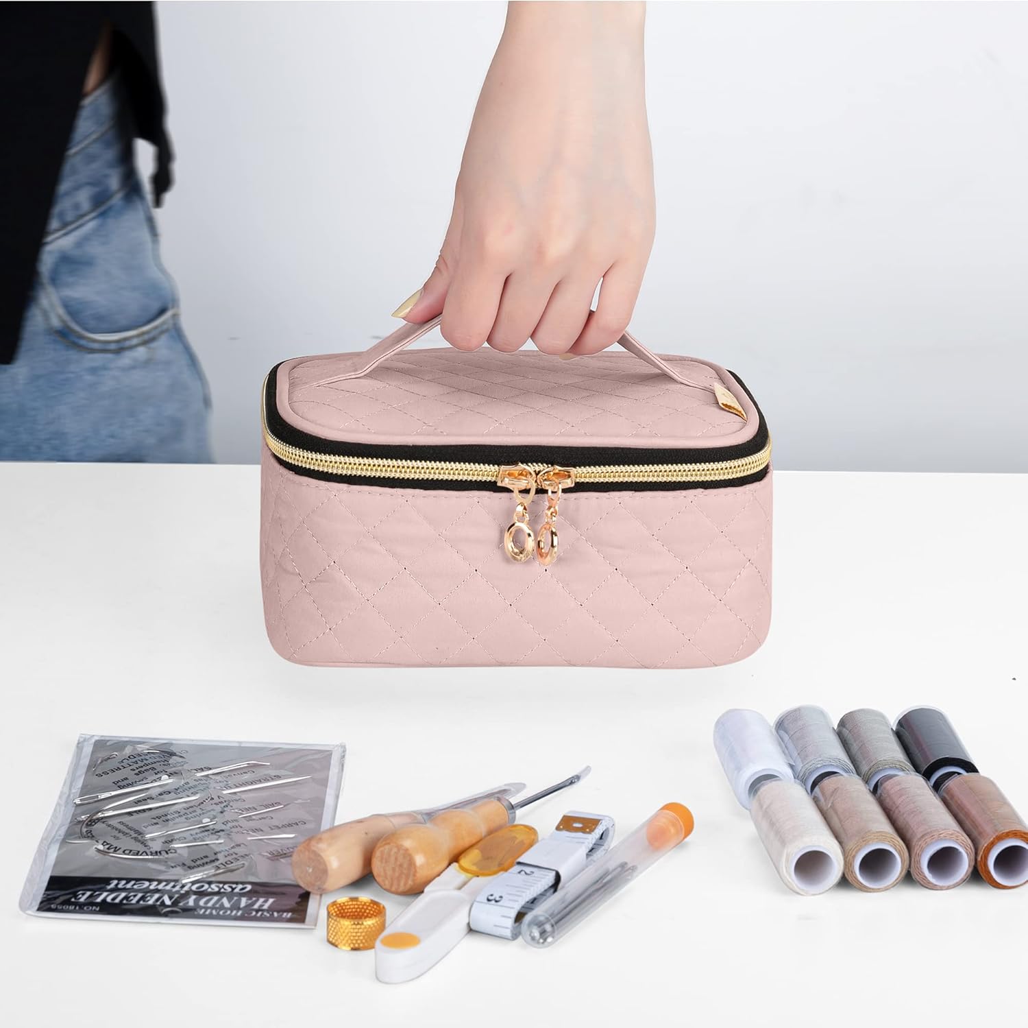 LoDrid Leather Sewing Kit, Leather Repair Set with Storage Bag, DIY Leather Craft Tools & Supplies for Beginner, Adult, Sewing Needles, Threads and Other Leathercraft Accessories, Dusty Rose