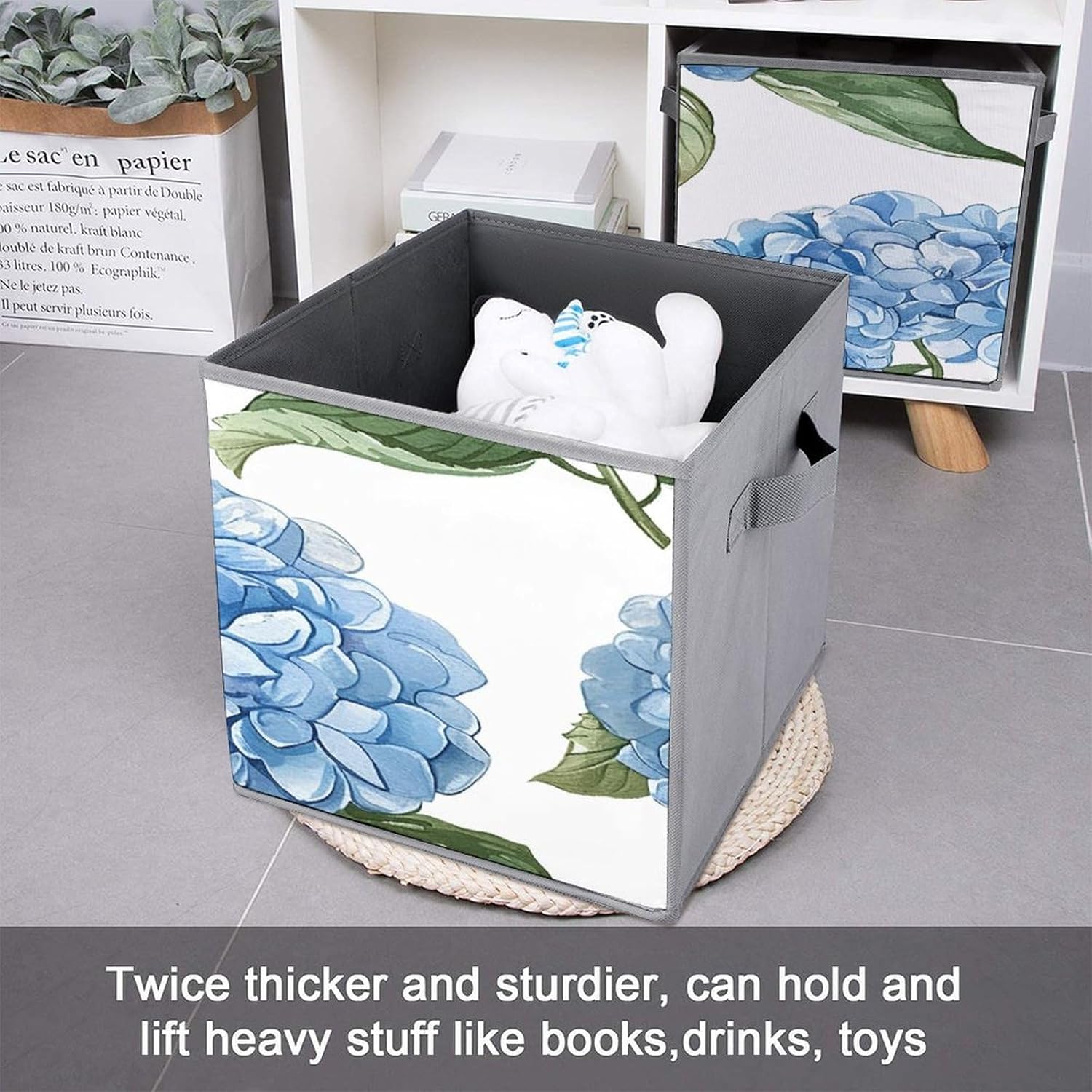 Multi Use Organizer Bins, Blue Hydrangea Pattern Printed Storage Bins, Foldable Storage Baskets Are Suitable For Bedrooms, Offices, And Cars