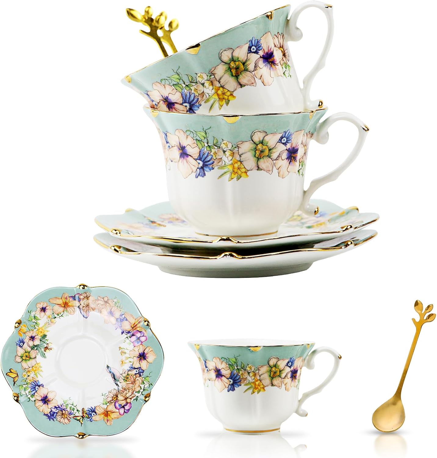 TATSUMI Country Roses Bone China Tea Cup and Saucer Set, 3 Pieces, Vintage Style, For Women and Tea Parties(QH,1 Set)