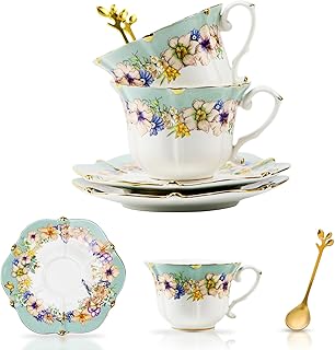 TATSUMI Country Roses Bone China Tea Cup and Saucer Set, 6 Pieces, Vinta...