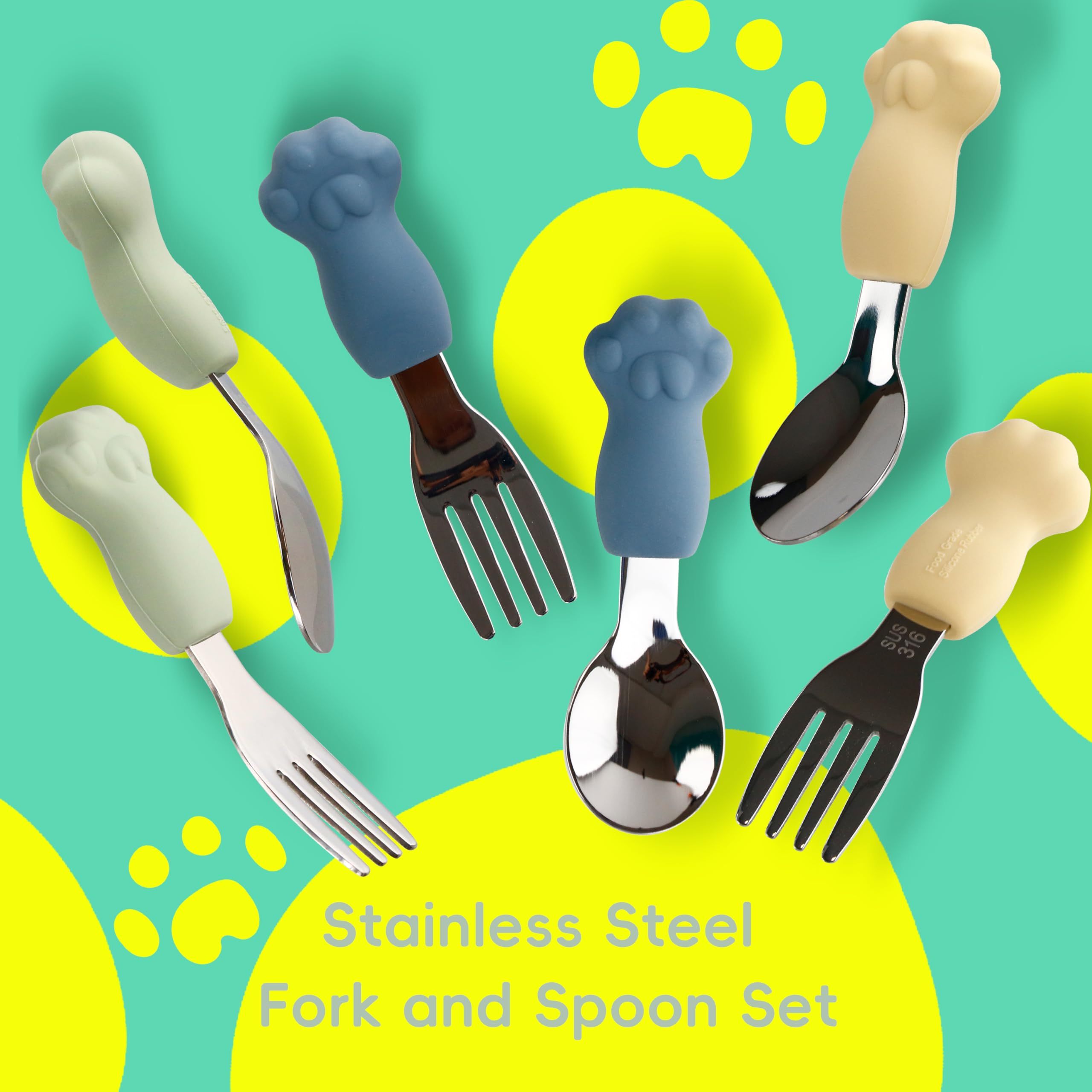 6 Pieces Toddler Utensils, Stainless Steel & Food Grade Silicone Fork & Knife Set, Cat Paw Flatware with Silicone Handle, Easy-Grip Handles Cutlery for Self Feeding, Dishwasher Safe, BPA Free (Blue)