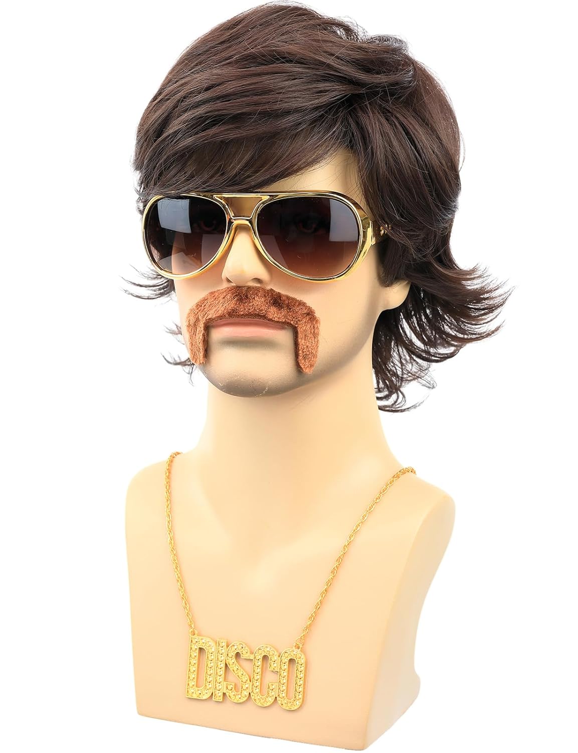 Retro 70s Disco Wig for Men with Mustache Glasses and Chain Perfect for Rocker Singer Hippie Cosplay Mens 70s 80s Disco Outfit Costume Wigs (Brown) - Image 2