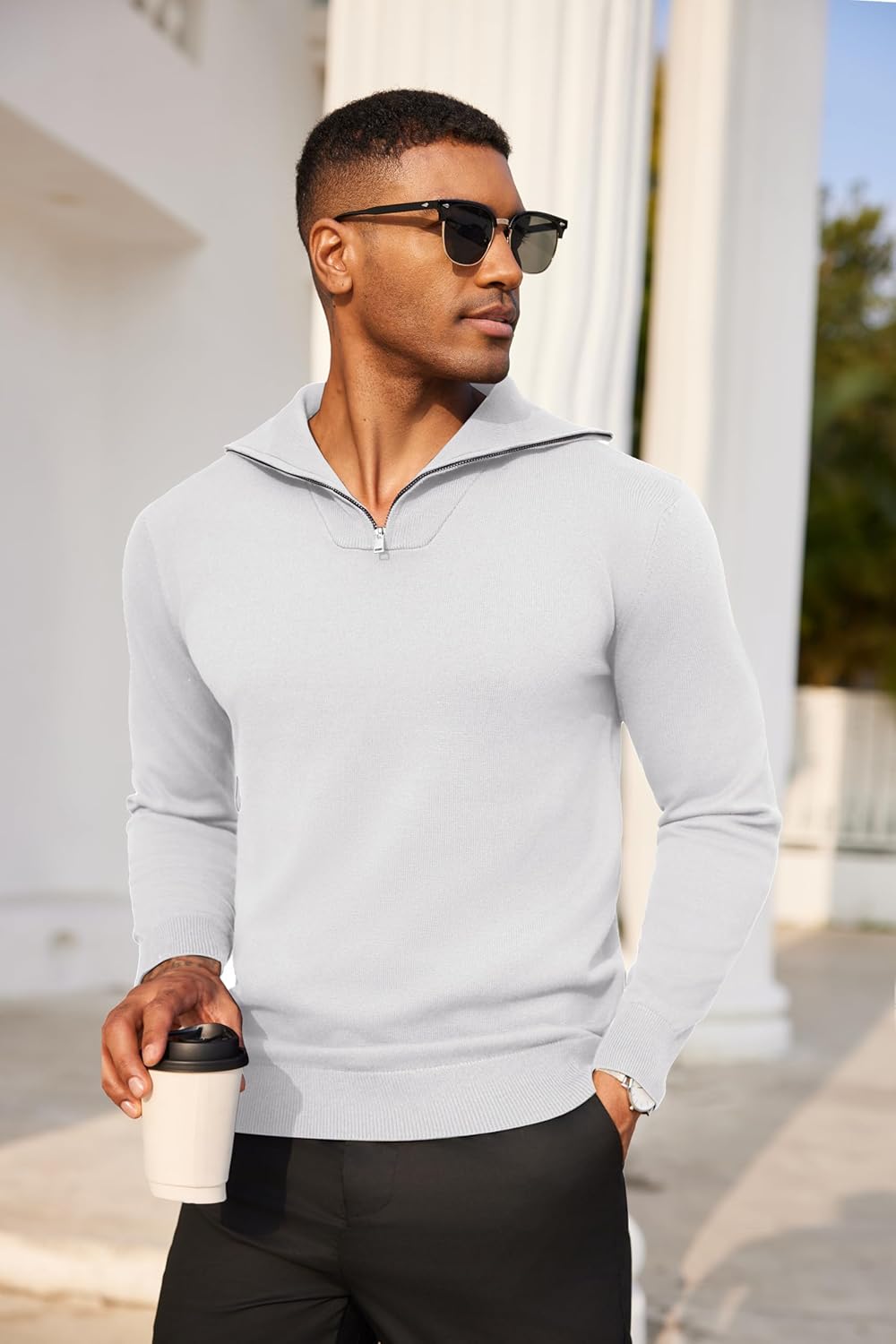 COOFANDY Mens Quarter Zip Pullover Quilted Pullover Casual Knit Long Sleeve Mock Neck Sweater Polo - Image 3