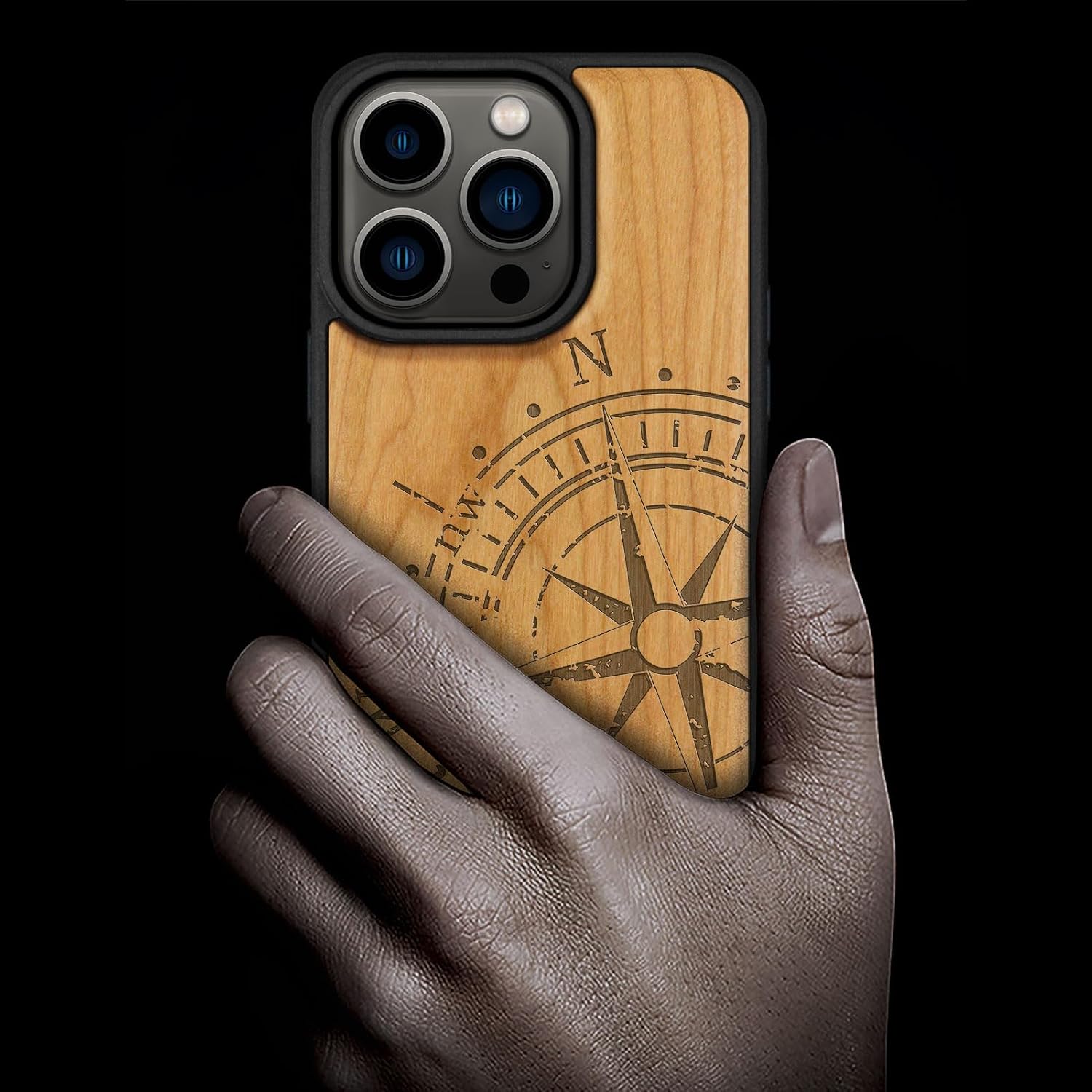 Carveit Magnetic Wooden Case for iPhone 15 Pro Case, Compatible with MagSafe Wireless Chargers, Black Soft TPU Shockproof Cover & Wood Artisan Engraved (Incomplete Compass - Cherry)