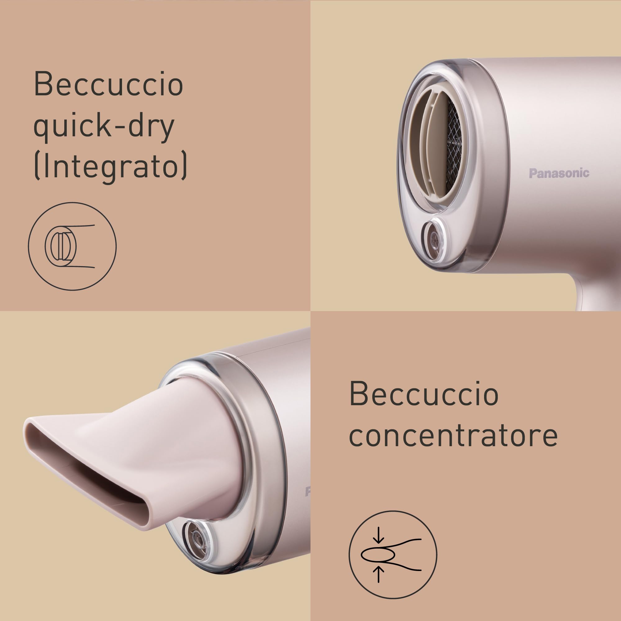 Panasonic EH-NA7M-P825 Asciugacapelli Nanoe per Capelli Lucenti, Pieghevole, Asciugatura Rapida, Beccuccio Concentratore, 1600W, Rosa Chiaro