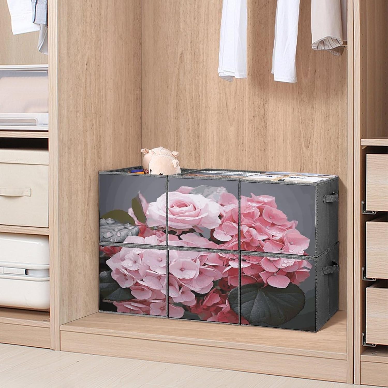 Multi Use Organizer Bins, Pink Rose Hydrangea Printed Storage Bins, Foldable Storage Baskets Are Suitable For Bedrooms, Offices, And Cars