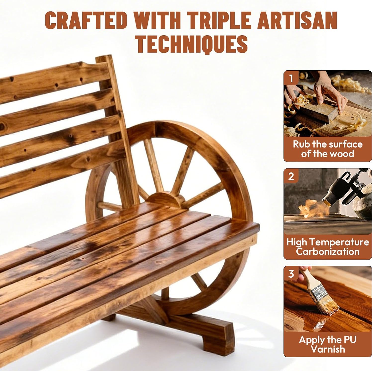VINGLI Rustic Wooden Wheel Bench Outdoor Bench, Patio Bench Wagon Slatted Seat, Garden Benches for Outdoors 350lbs High Capacity, Weather Resistance (Teak, 55in)