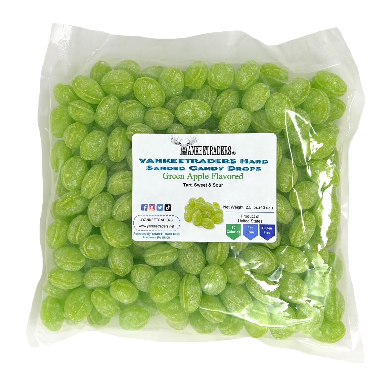 YANKEETRADERS Green Apple Hard Sanded Candy Drops, 40 Oz. Bulk Bag