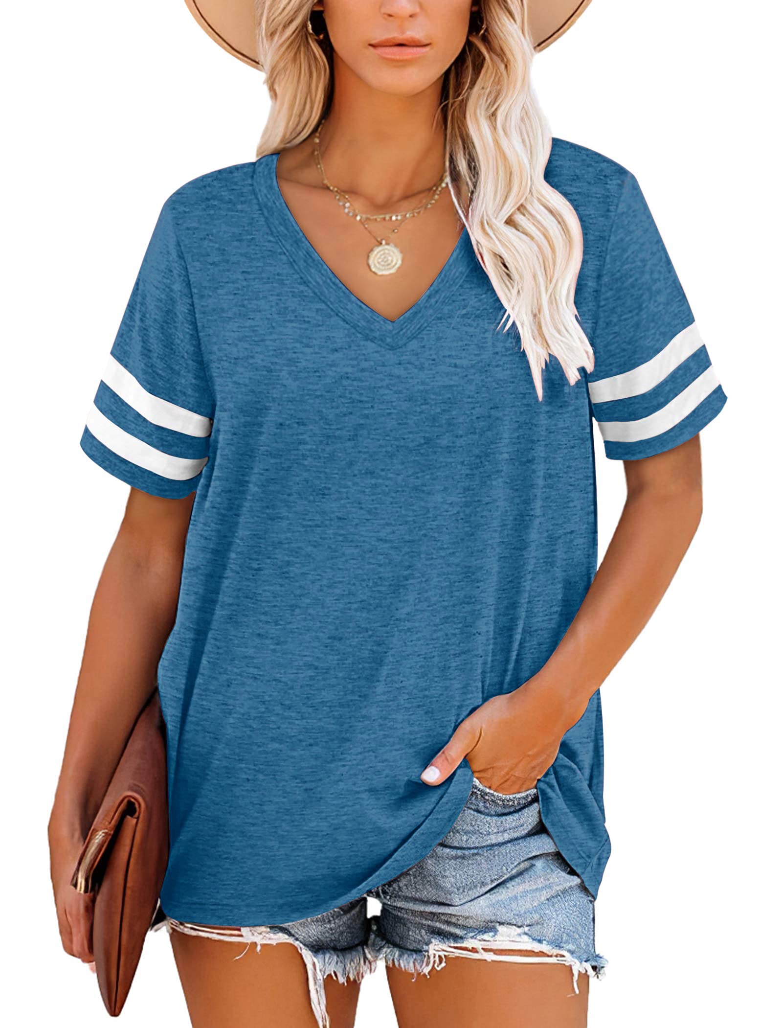 MOLERANI T-Shirts für Damen Kurzarm V-Ausschnitt Gestreifte Sommer Tops Casual Lose T-Shirt S-2XL Size