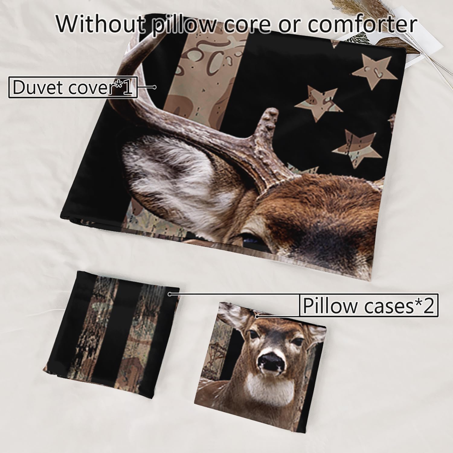 HOSIMA Deer Hunting Bedding Sets,Deer and American Flag Duvet Cover for Hunter Bedroom Decor with 2 Pillowcases Camouflage Bedding Sets for Adult Teen boy Bedding.