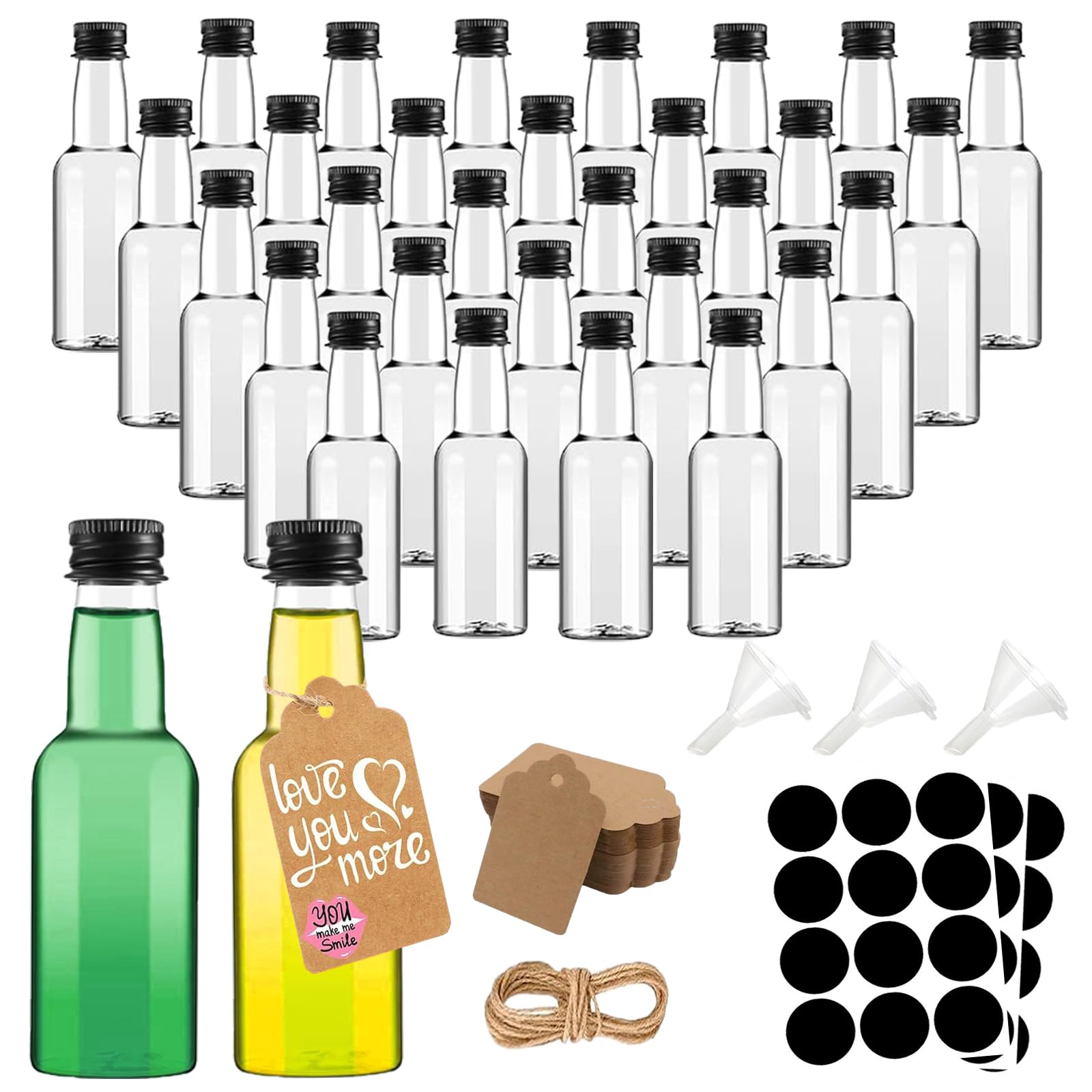 Kiswleon 30Pack Miniature Alcohol Bottles 50ml,Plastic Mini Shot Bottles with Screw Caps,Hangtag,Funnel,Label,Ropes-Reusable Empty Small Bottle for Wedding Favours for Guests