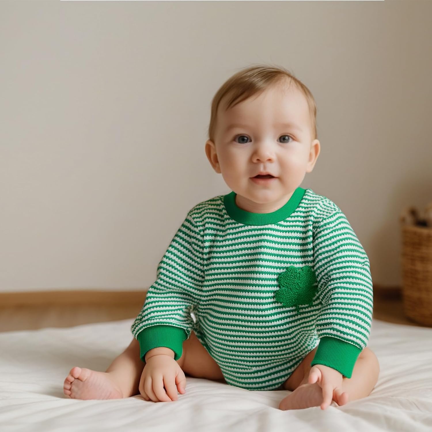 VISGOGO Baby Sweatshirt Romper Striped Heart/Clover Waffle St.Patrick Day Long Sleeve Irish Onesie Jumpsuits - Image 5
