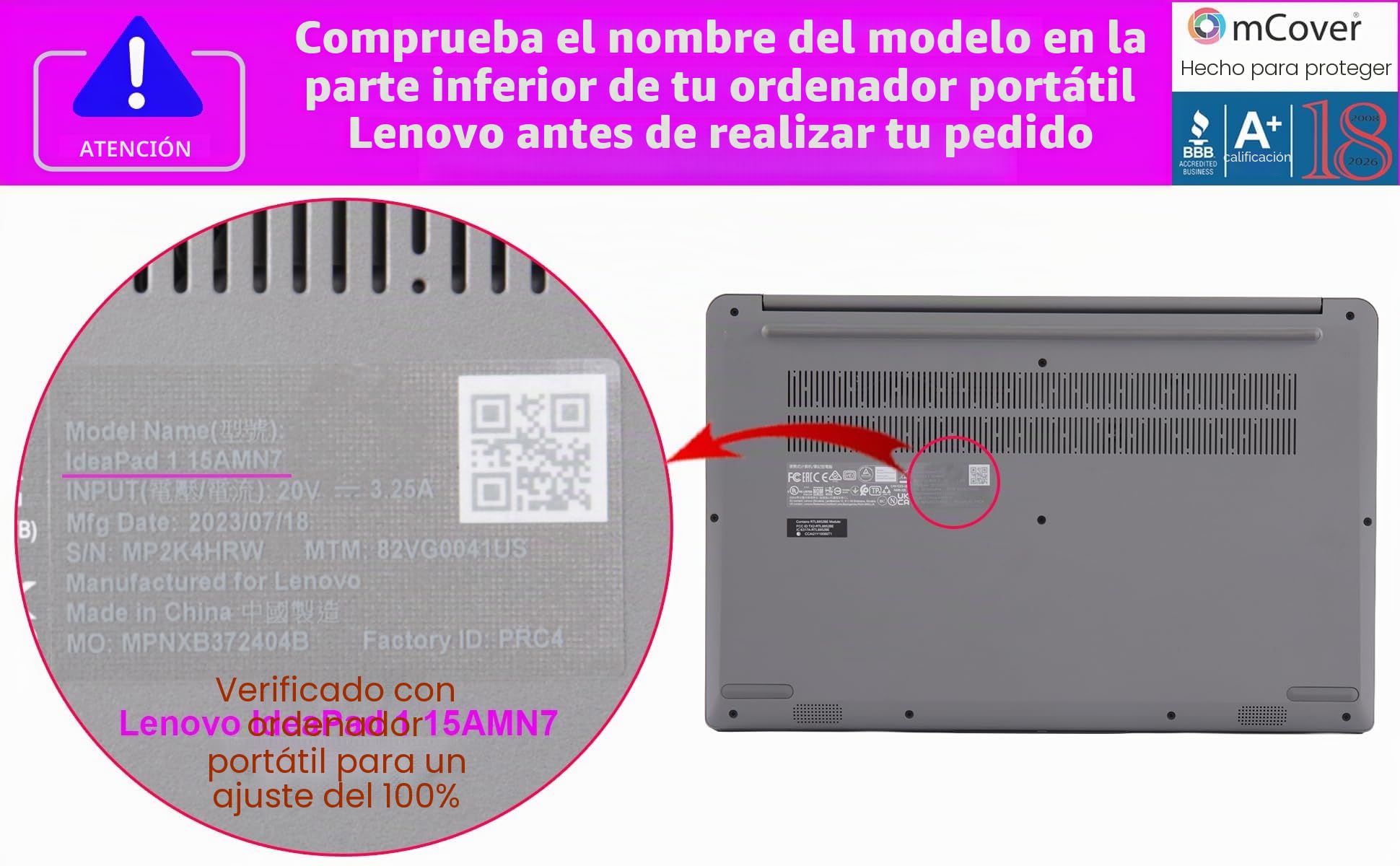mCover Funda compatible solo con Lenovo IdeaPad 1 Series 2022-2025 de 15 pulgadas (15ADA7 / 15AMN7 / 15ALC7 / 15IAU7 / 15IGL7 / 15IJL7 / 15IRU7) Windows (no es compatible con ningún otro modelo