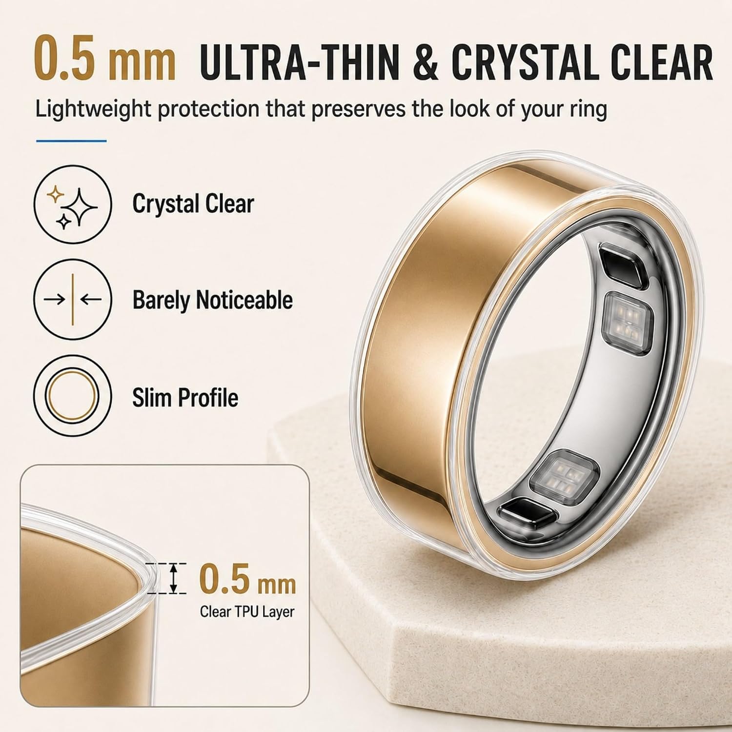 5 Pack Clear TPU Cover Compatible with Oura Ring 5, 0.5mm Ultra-Thin, Size8