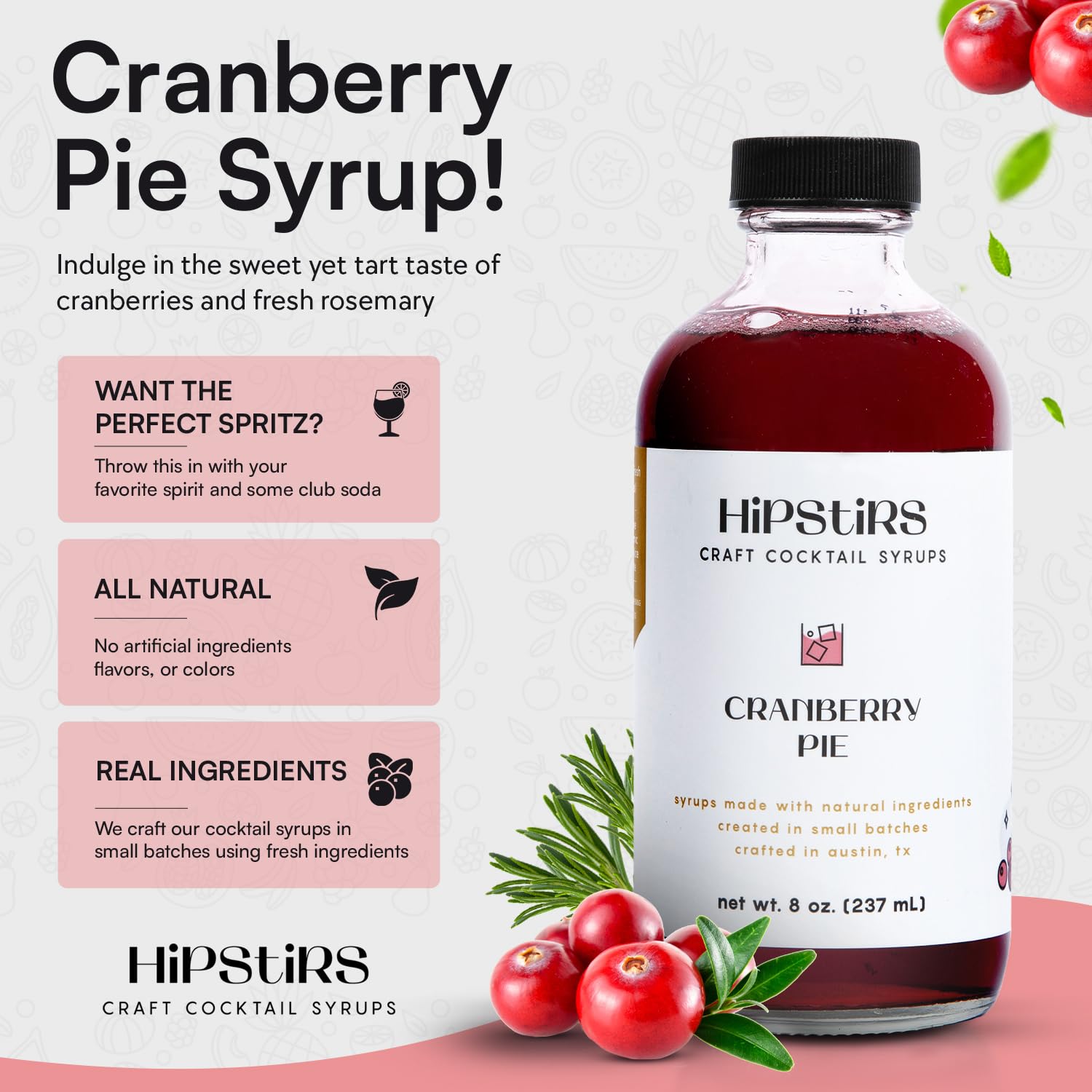 HipStirs Cranberry Syrup for Drinks - Our Cranberry Pie Syrup Uses Real Ingredients to make it the Perfect Winter Drink Mixer (8 Fl Oz) (Pack of 2)