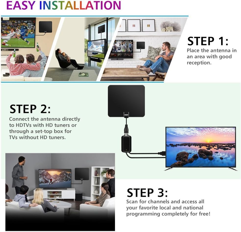 80 Miles Long Range TV Antenna - 2018 Newest Version OIRIKY Indoor Digital HDTV Antenna with Detachable Amplifier Signal Booster - 13.2FT High Performance Coaxial Cable - Freeview Local Channels