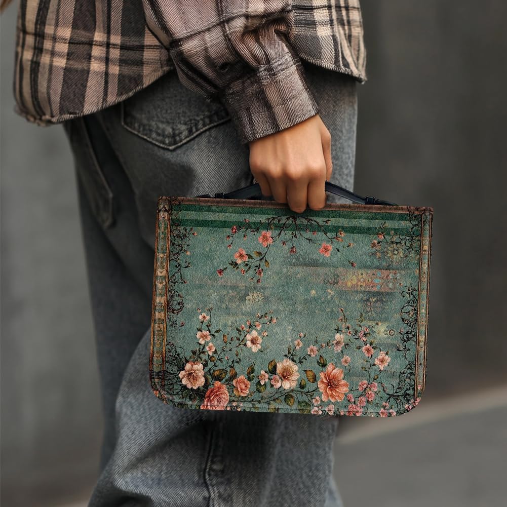 Bible Cover PU Leather Bible Case with Bookmark Vintage Flower Branch Bible Carrying Case for Women Men Christian Bible Note Books Carrying Accessories20.5x28x5.5cm
