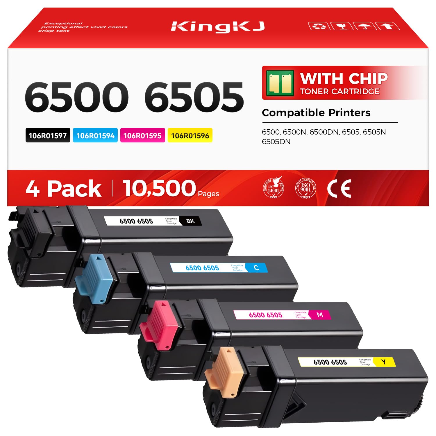 6500 6505 Toner Cartridge Set 4-Pack High Capacity 106R01597 106R01594 106R01595 106R01596 Replacement for Xerox Phaser 6500 6500N 6500DN WorkCentre 6505 6505N 6505DN Printer Black Cyan Magenta Yellow