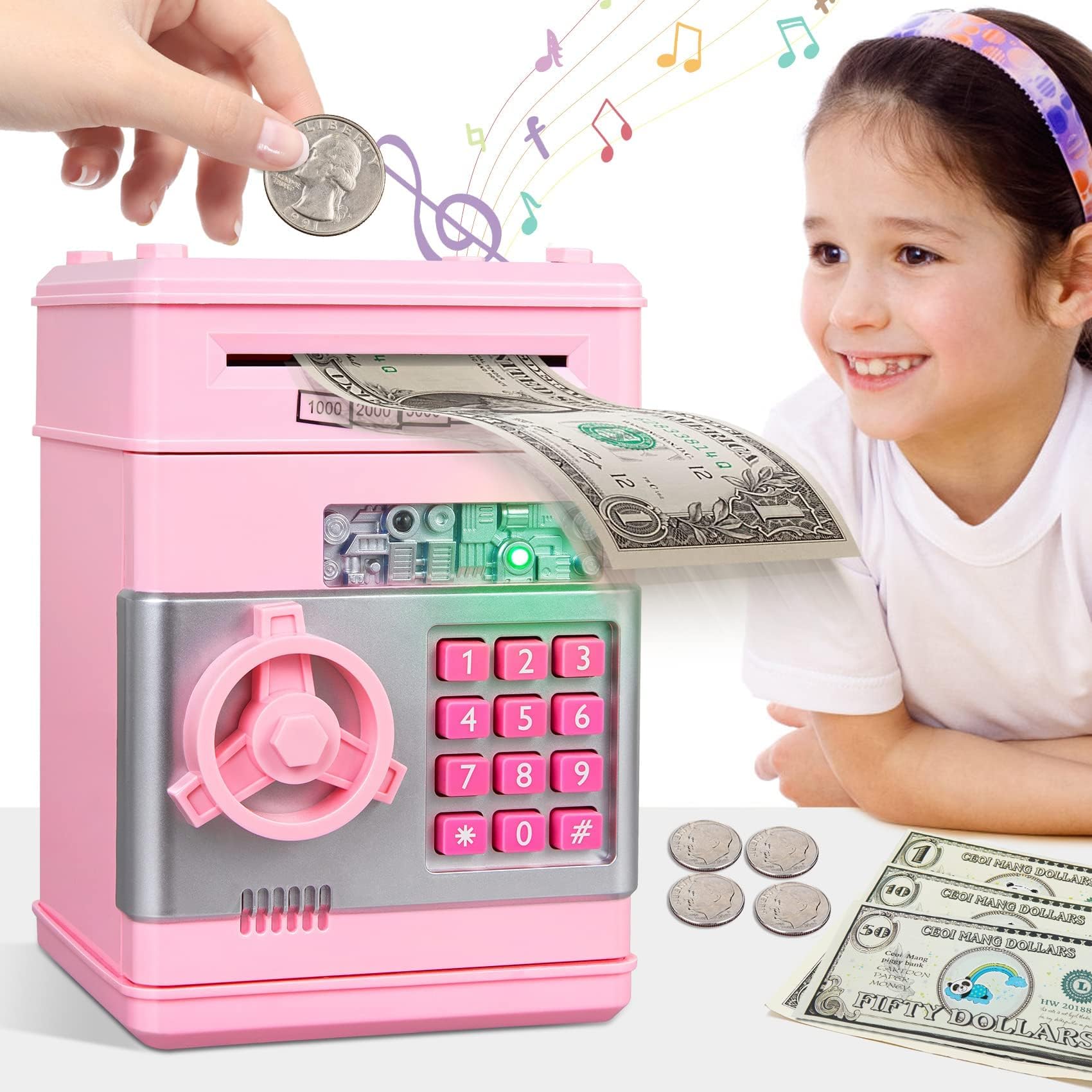 AMERTEER Piggy Bank for Girls - Electronic Piggy Banks Password Money Saving Box Gifts, Automatic Money Scroll Saving Box, Boy Money Bank Toy Birthday Gifts for Boys Girls Kids (Pink)
