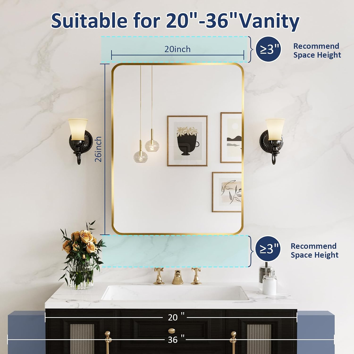 Medicine Cabinet Mirror 20x26 Inch, Gold Bathroom Mirror Cabinet with Stepless Adjustable Shelves, Stainless Steel Frame, Bathroom Mirror with Storage Recessed or Wall Mount