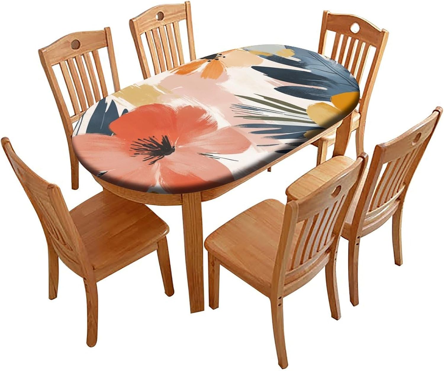 Elastic Edge Polyester Fitted Oval Tablecloth,Bohemian Theme Colorful Garden Impressions Pattern Washable Wipeable Tablecolth,for Kitchen Dining Tabletop Decoration,Fits for 48 x 80”Oval table