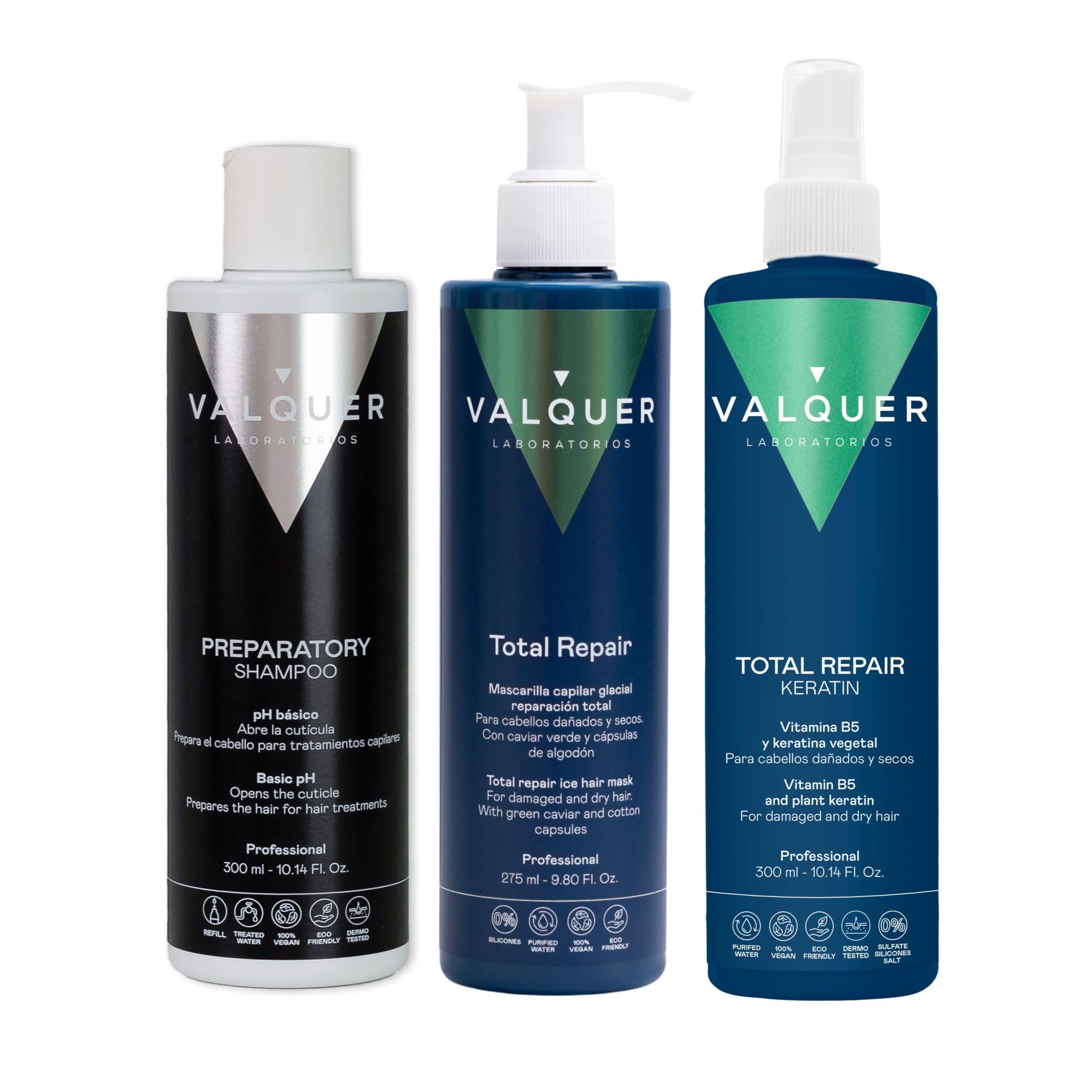 Valquer - Maseczka z zimną keratyną: Szampon do włosów 300 ml, Kuracja keratynowa 300 ml i Maska do włosów z lodem 275 ml, Intensywna, ultranawilżająca kuracja regenerująca