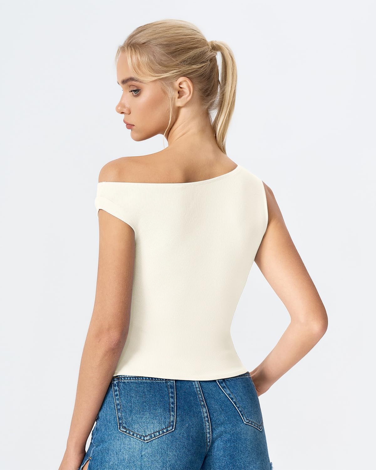 QINSEN Womens Off Shoulder Asymmetrical Tops Diagonal Button-up Closure Split Hem Cropped T Shirts Y2k Tank Top - Image 4