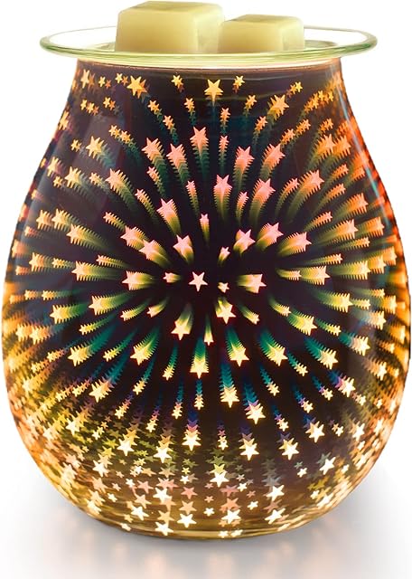 Sykollas Glass Electric Oil Burner Wax Melt Burner, 3D Aroma Lamp Candle Warmer Melter Essential Oil Fragrance Burner, Night Light Oil Lamp for Home Bedroom Living Room Decoration Gift - Star