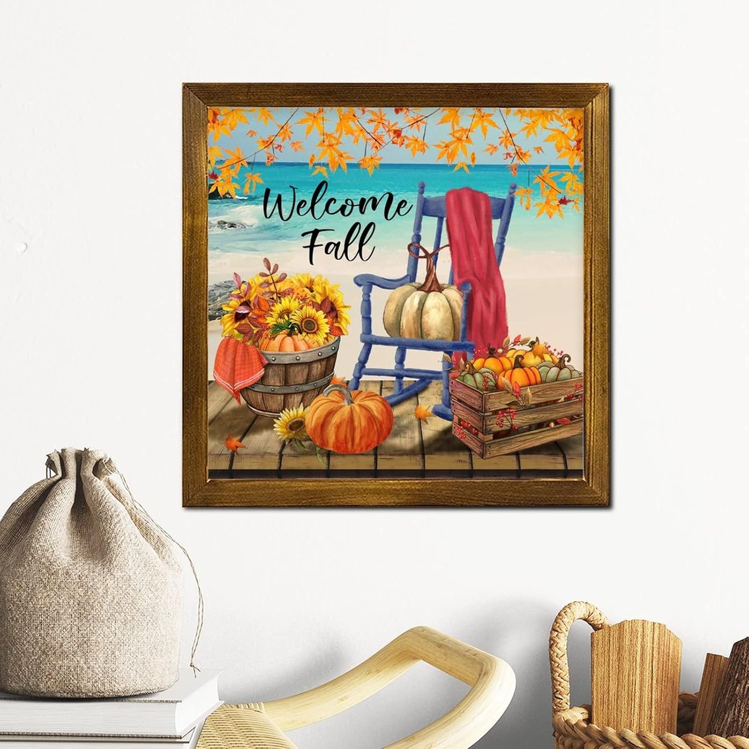 Welcome Fall Beach Framed Wood Signs Pumpkin Sunflower Maple Leaves Wall Art Signs Vintage Autumn Harvest Wall Decor Farmhouse Rustic Wooden for Home Laundry Room Kitchen Bedroom 12x12 inch
